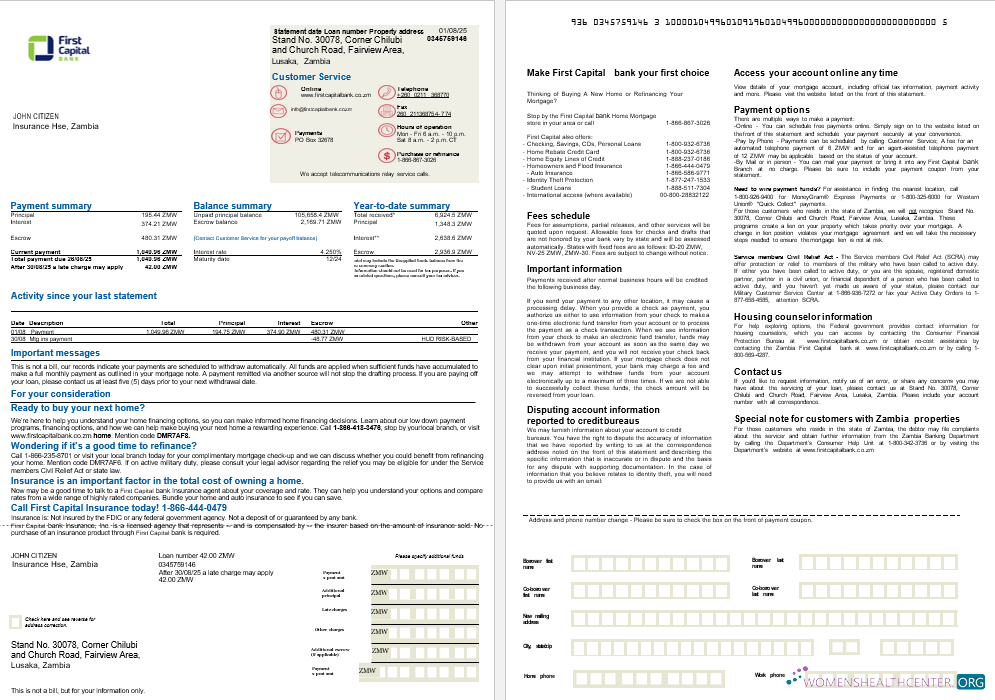 Download Zambia First Capital Bank mortgage statement in Word and PDF formats, 2 pages Photoshop template